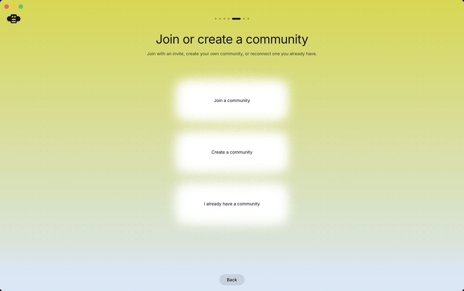 The Buzz desktop app, showing the join-or-create-a-community screen